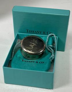 Tiffany & Co Sterling Silver Round Engraved Pill Box with Pouch and Box