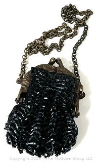 Antique Jet Black Glass Beaded Handbag Coin Purse with Clasp and Chain