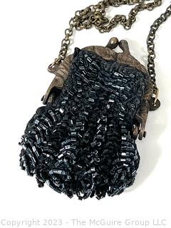 Antique Jet Black Glass Beaded Handbag Coin Purse with Clasp and Chain