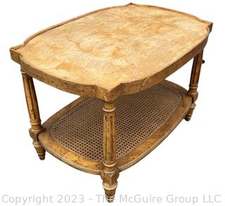 French Provincial Pine Two Tiered Coffee or Side Table with Cane. Measures 27w x 19d x 18"h