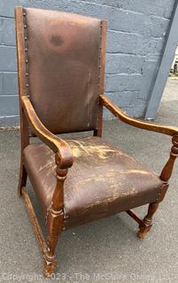 English 19th Century Leather Upholstered High Back Arm Chair. 2/2 being offered in this auction