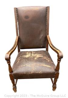 English 19th Century Leather Upholstered High Back Arm Chair. 2/2 being offered in this auction