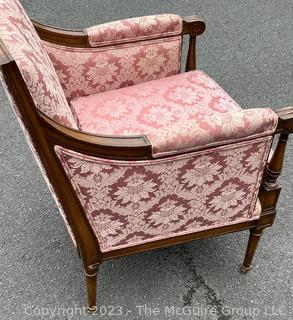 French Louis XVI Style Pink Brocade Upholstered Open Armchair