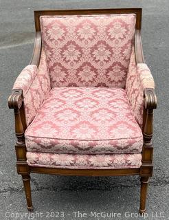 French Louis XVI Style Pink Brocade Upholstered Open Armchair