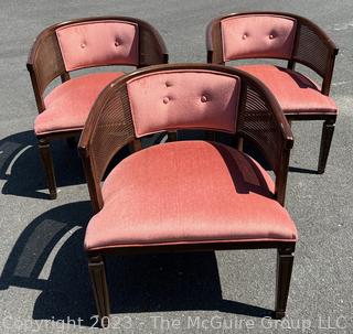 Set of Three (3) Mid-Century Barrel Back with Pink Velvet and Cane Chairs. 