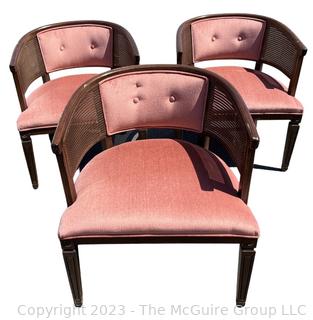 Set of Three (3) Mid-Century Barrel Back with Pink Velvet and Cane Chairs. 