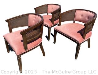 Set of Three (3) Mid-Century Barrel Back with Pink Velvet and Cane Chairs. 