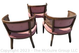 Set of Three (3) Mid-Century Barrel Back with Pink Velvet and Cane Chairs. 