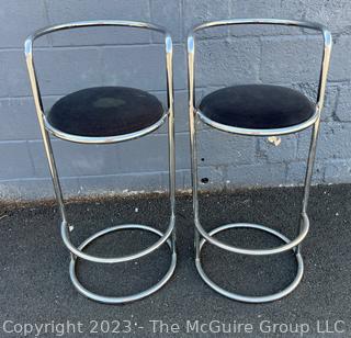 Pair Chrome and Black Upholstered Modern Retro Bar Stools. 17 x 36" Tall