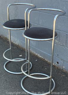 Pair Chrome and Black Upholstered Modern Retro Bar Stools. 17 x 36" Tall