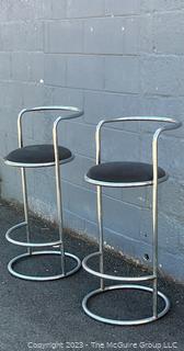 Pair Chrome and Black Upholstered Modern Retro Bar Stools. 17 x 36" Tall