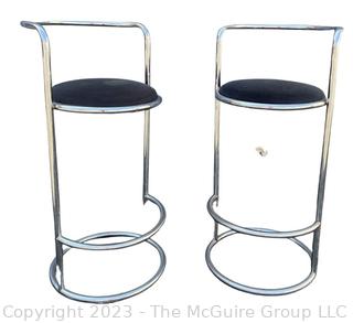 Pair Chrome and Black Upholstered Modern Retro Bar Stools. 17 x 36" Tall