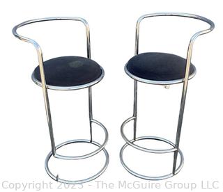 Pair Chrome and Black Upholstered Modern Retro Bar Stools. 17 x 36" Tall