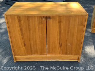 Heavy Mid Century Pine Two Door Cabinet.  Second of three offered in this auction.  20" x 28" x 35"