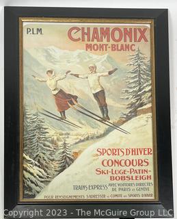 Framed Under Glass Color Lithograph Chamonix Mont Blanc, Winter Sports In France Exhibition Poster By Francisco Tamagno.  22" x 30".