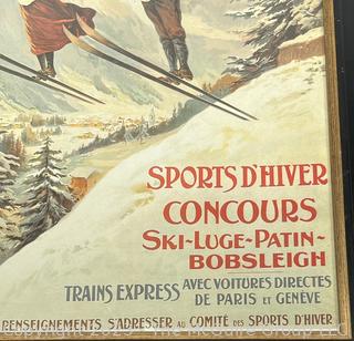 Framed Under Glass Color Lithograph Chamonix Mont Blanc, Winter Sports In France Exhibition Poster By Francisco Tamagno.  22" x 30".