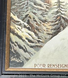 Framed Under Glass Color Lithograph Chamonix Mont Blanc, Winter Sports In France Exhibition Poster By Francisco Tamagno.  22" x 30".