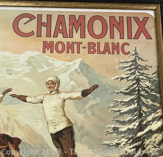 Framed Under Glass Color Lithograph Chamonix Mont Blanc, Winter Sports In France Exhibition Poster By Francisco Tamagno.  22" x 30".