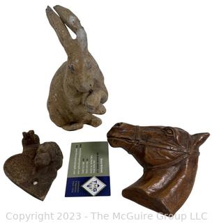 Hollow Cement Rabbit, Cement Angel and Composition Horse Head 