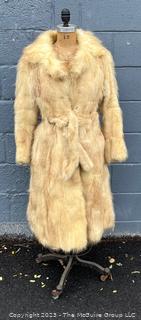 Full-Length Tourmaline Blonde Fur Coat with Fur Leather Belt, Possibly Coyote. 