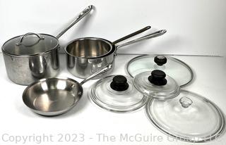 Group of Pots and Pans with Lids by All Clad and Farberware