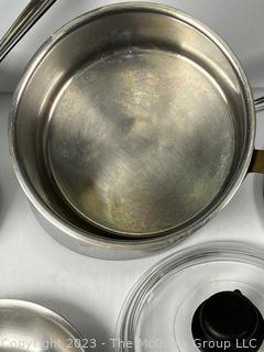 Group of Pots and Pans with Lids by All Clad and Farberware