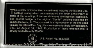 100th Anniversary Limited Numbered Edition Commemorative Smithsonian Postage Stamp Encased in Plexi. 