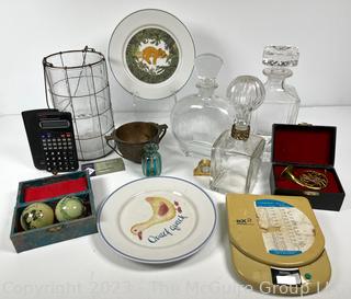 Group of Decorative Items Including Decanters, Scale and Baoding Balls in Box