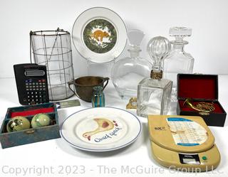 Group of Decorative Items Including Decanters, Scale and Baoding Balls in Box