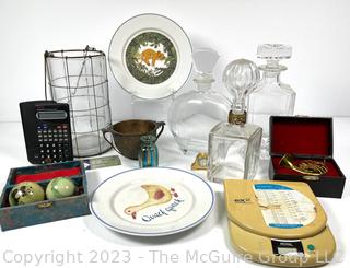 Group of Decorative Items Including Decanters, Scale and Baoding Balls in Box