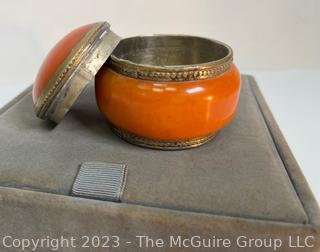 Orange Metal Jar and Vintage Costume Jewelry