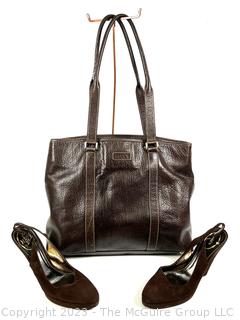 Brown Leather Maxx Tote and Brown Suede Prada Sling Back Pumps. 