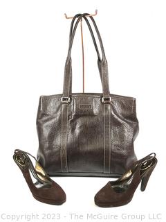 Brown Leather Maxx Tote and Brown Suede Prada Sling Back Pumps. 