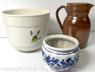 Three (3) Pieces of Pottery Including Pitcher and Planters