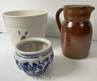 Three (3) Pieces of Pottery Including Pitcher and Planters