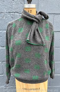 Vintage Nina Ricci 1980's Grey with Green Foil Thread Shamrock Sweater