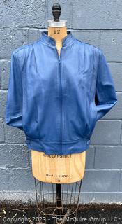 Vintage Women's Blue Leather Motorcycle Jacket, Size 42