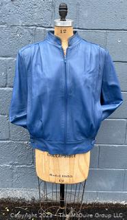 Vintage Women's Blue Leather Motorcycle Jacket, Size 42