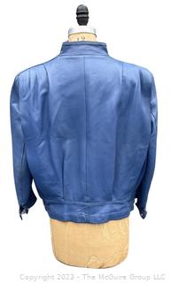 Vintage Women's Blue Leather Motorcycle Jacket, Size 42