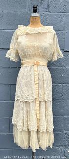 Cream White Edwardian Net Rosebud Afternoon Tea or Bridal Gown with Handmade Lace, Early 1900s