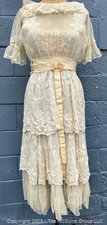 Cream White Edwardian Net Rosebud Afternoon Tea or Bridal Gown with Handmade Lace, Early 1900s