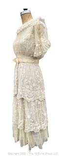 Cream White Edwardian Net Rosebud Afternoon Tea or Bridal Gown with Handmade Lace, Early 1900s