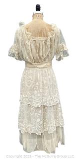 Cream White Edwardian Net Rosebud Afternoon Tea or Bridal Gown with Handmade Lace, Early 1900s