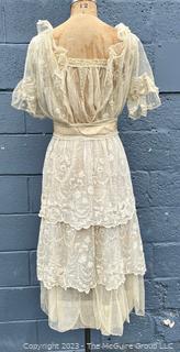 Cream White Edwardian Net Rosebud Afternoon Tea or Bridal Gown with Handmade Lace, Early 1900s