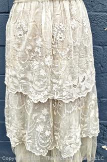 Cream White Edwardian Net Rosebud Afternoon Tea or Bridal Gown with Handmade Lace, Early 1900s