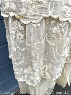 Cream White Edwardian Net Rosebud Afternoon Tea or Bridal Gown with Handmade Lace, Early 1900s