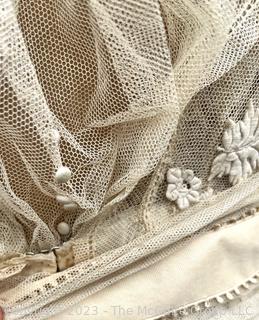 Cream White Edwardian Net Rosebud Afternoon Tea or Bridal Gown with Handmade Lace, Early 1900s