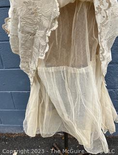 Cream White Edwardian Net Rosebud Afternoon Tea or Bridal Gown with Handmade Lace, Early 1900s