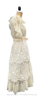 Cream White Edwardian Net Rosebud Afternoon Tea or Bridal Gown with Handmade Lace, Early 1900s