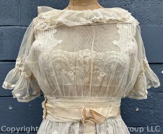 Cream White Edwardian Net Rosebud Afternoon Tea or Bridal Gown with Handmade Lace, Early 1900s